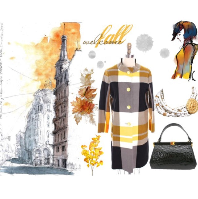 Welcome fall with a yellow, grey and white plaid coat and accessories