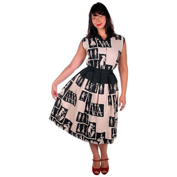 Vintage Black & Tan Linen Whimsical People Print Skirt & Blouse 1950s 40-26-Free - The Best Vintage Clothing
 - 1