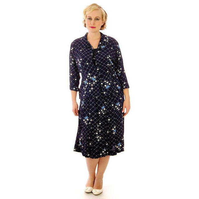 Vintage Womens Dress & Jacket Navy Rayon 1940s  Print Plus Size  40-35-50 - The Best Vintage Clothing
 - 1