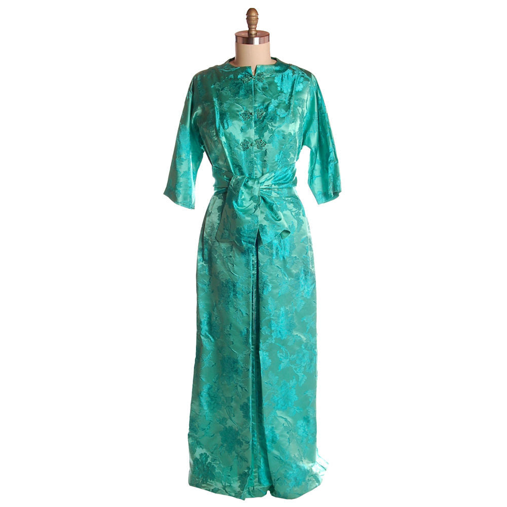 Vintage Deep Turquoise Dynasty Silk Damask Lounge Robe 1960S  42-31-46 - The Best Vintage Clothing
 - 1