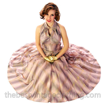 Vintage Halter Party Gown Pink Gold Metallic Silk Circle Skirt 1950s 34-26-Free - The Best Vintage Clothing
 - 1