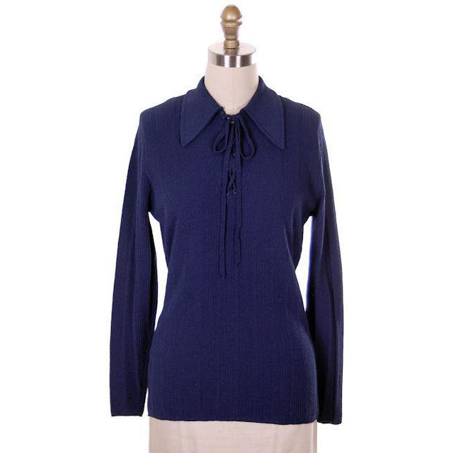Vintage Ultra 1970s Knit Top Navy Blue  Lace Front Med- Lg - The Best Vintage Clothing
 - 1