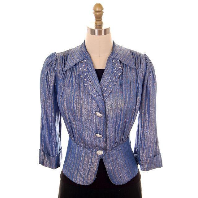 Vintage Evening Jacket Ladies 1940s Metallic Ice Blue Rhinestone Buttons L - The Best Vintage Clothing
 - 1