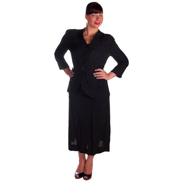 Vintage1940s Suit Black Rayon Embellished  Sequins Trim 1940s Astor Womens 43-31-41 - The Best Vintage Clothing
 - 1
