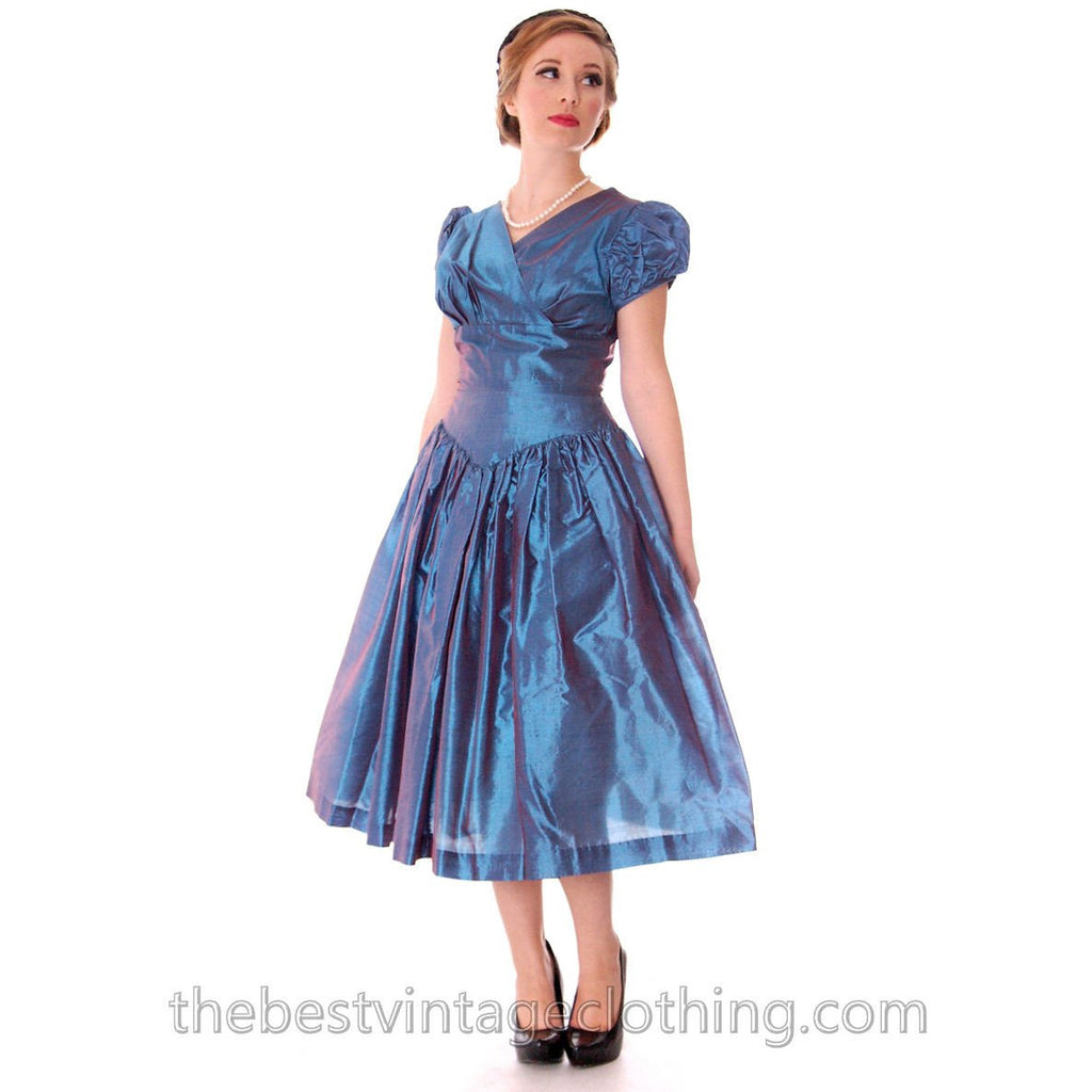 Vintage Party Dress Changeable Iridescent Blue Taffeta Full Skirt Ultra 1950s 32-24-Free - The Best Vintage Clothing
 - 1
