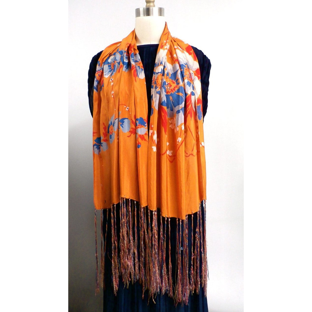 Vintage Womens Silk  Scarf 1920s Floral Orange/Blue Long - The Best Vintage Clothing
 - 1