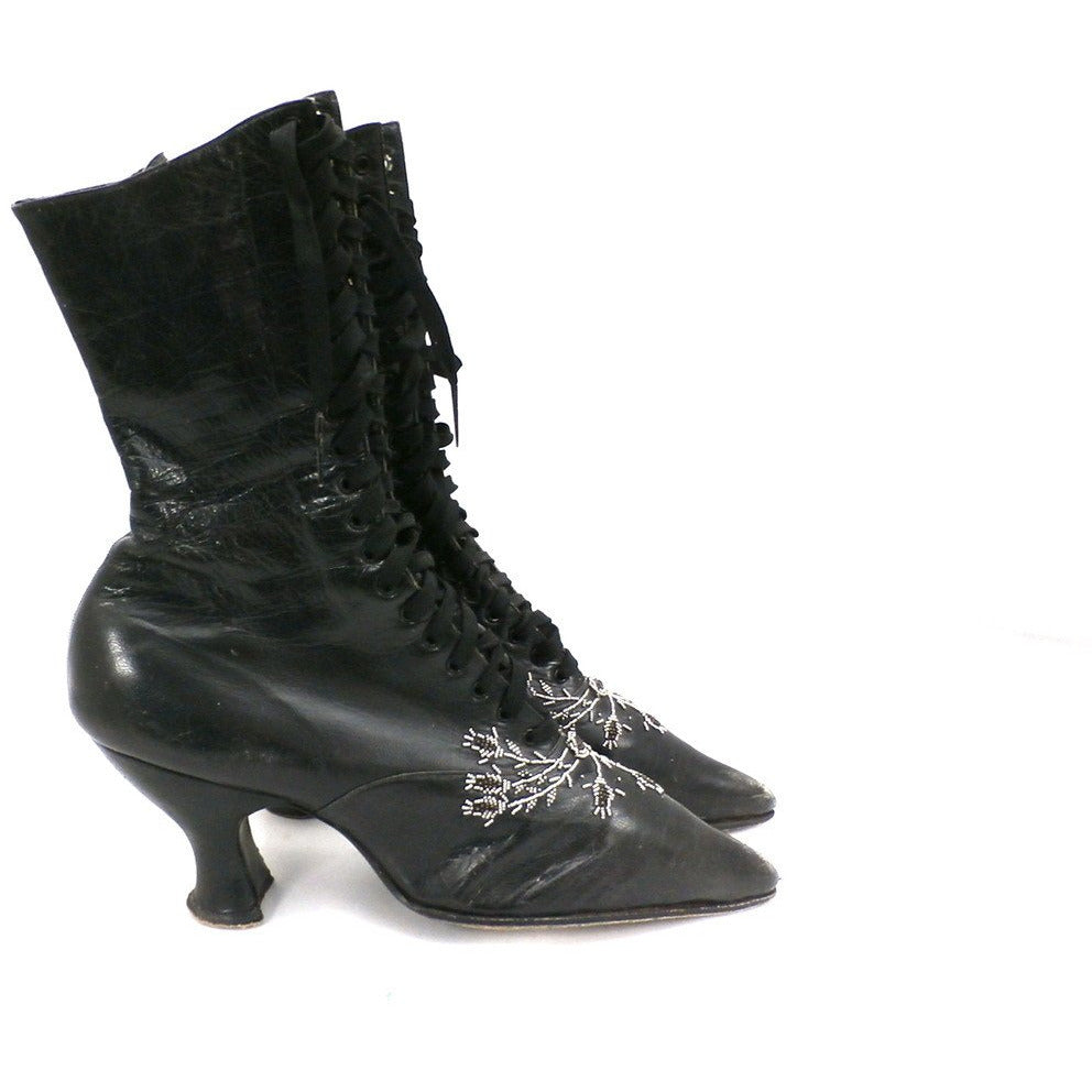 Antique Vintage Black Leather Spool Heel Boots Beaded Vamp Sz 5 - The Best Vintage Clothing
 - 2