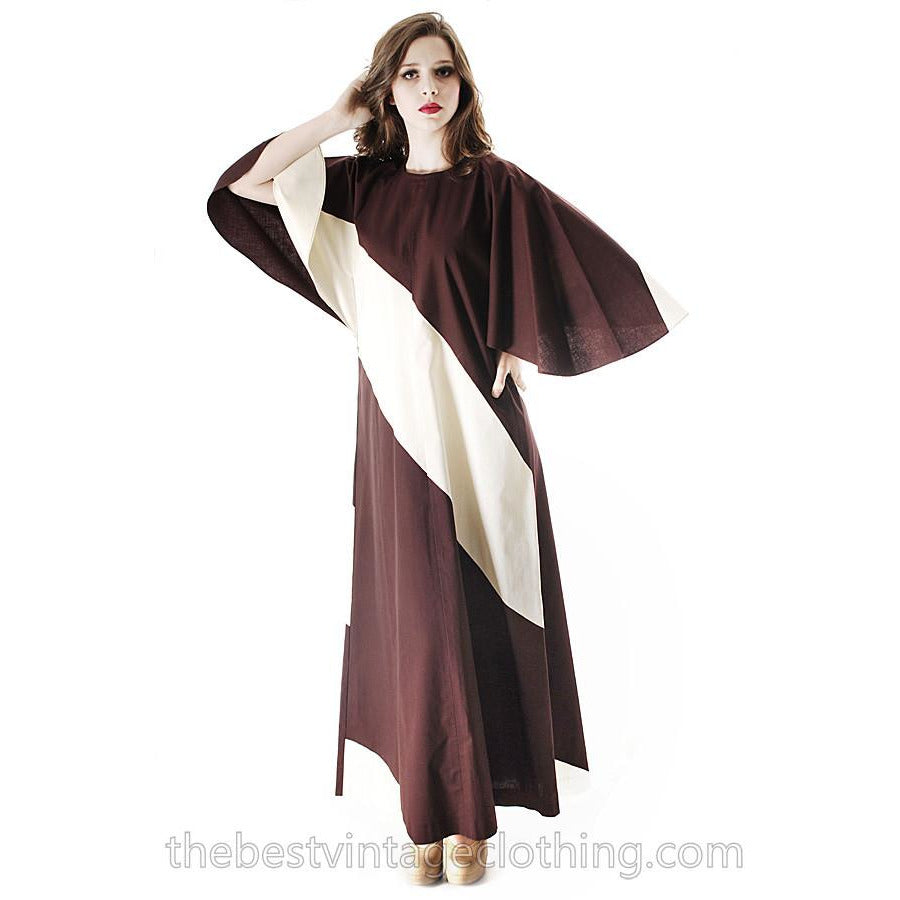 Vintage 1970s Vuokko Designer Angel Sleeve Tent Dress Brown& Ivory  Diagonal Stripes 44 Large - The Best Vintage Clothing
 - 1