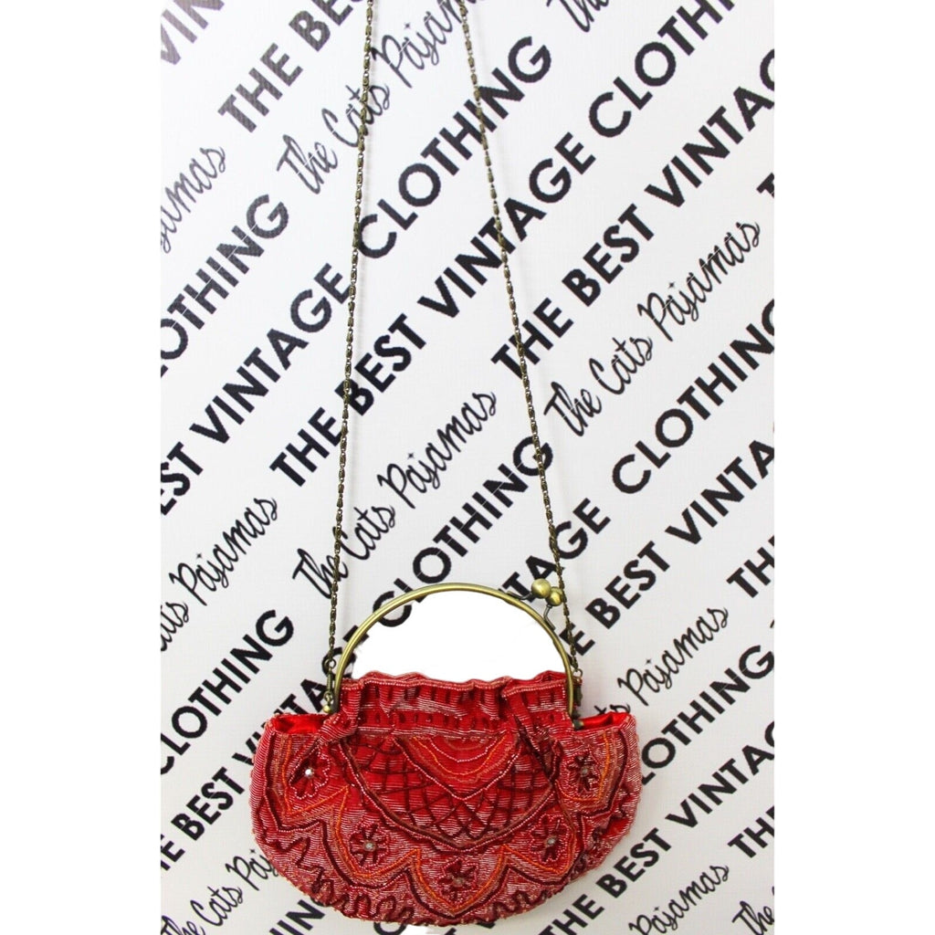 April Cornell Purse Beaded Red Retro Round Brass Metal Clasp Chain Strap 80s April Cornell