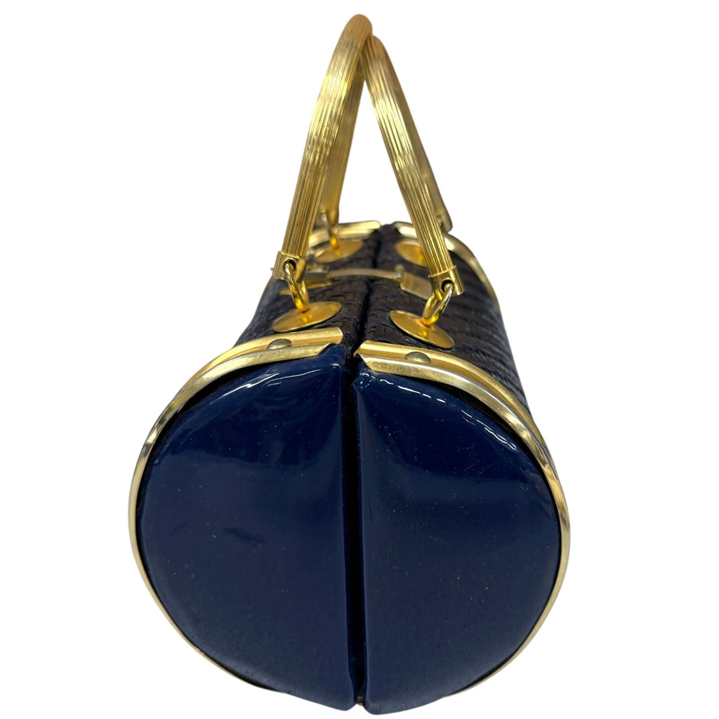Adorable 1950s-60s Barrel Box Purse Blue Laminated Rattan Italian Handbag MADE IN ITALY