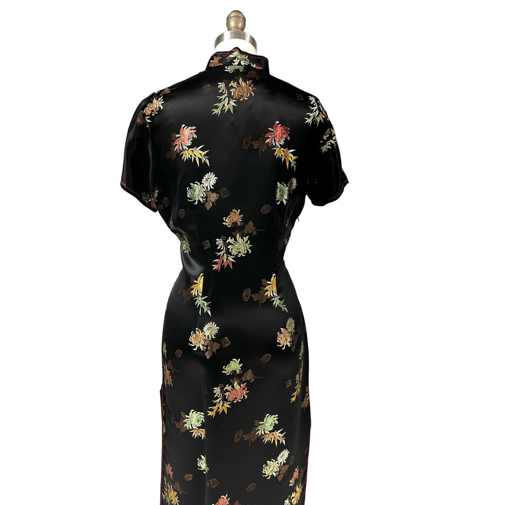 VTG Squirrel Black /Floral Satin Cheongsam Wiggle Dress Sz 40 Medium Red Mums Squirrel