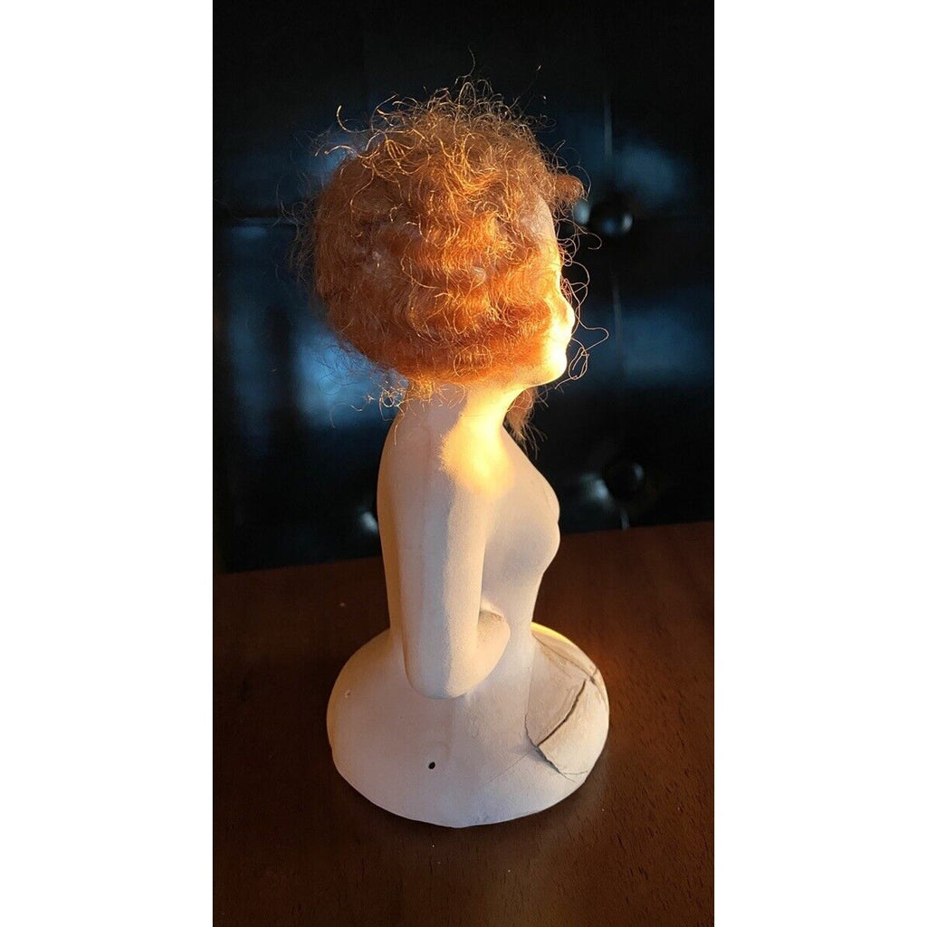 Antique Paper Mache Boudoir Pin Cushion Half Doll Red Head Human Hair German Boudoir