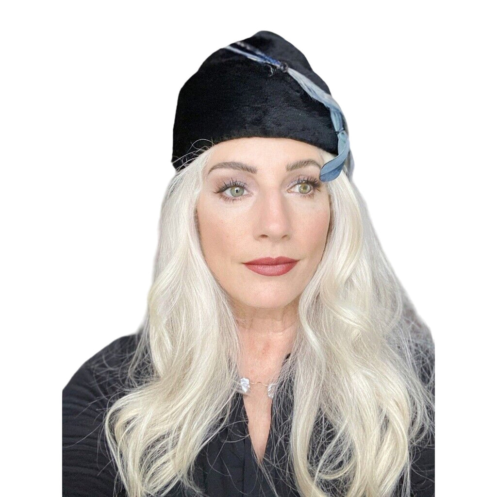 James Campbell VTG Hat Black Mousse Leather Leaves Feathers 1950s + Hat box James Campbell