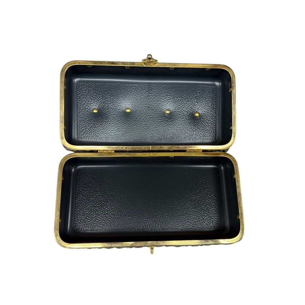 VTG 1960s Raffia Box Purse Gray Gold Meadallion Hardware Hard Sided Mini Unbranded