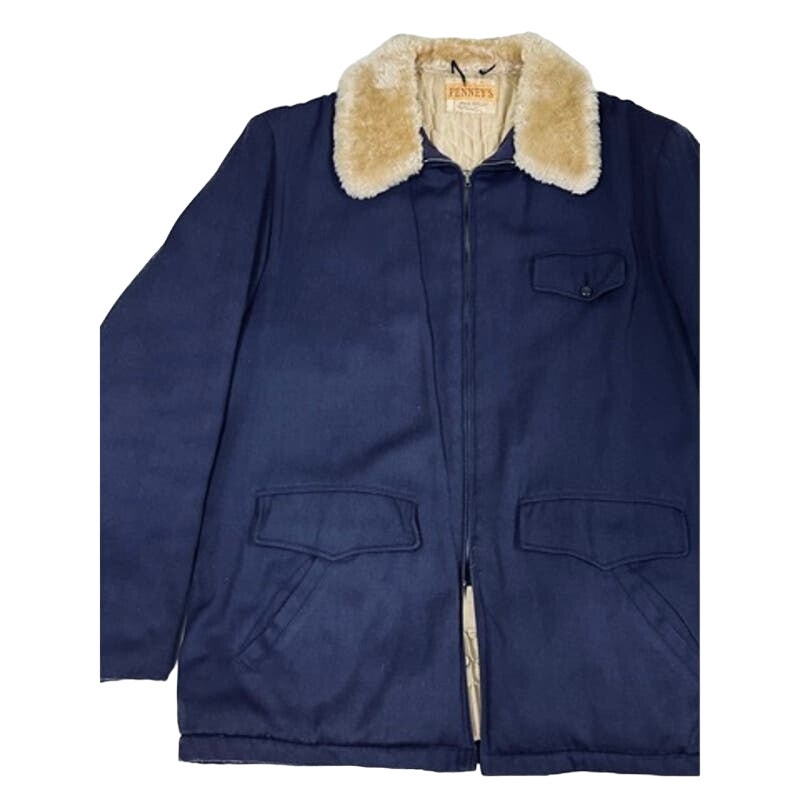 50s VTG Penneys Winter Coat Blue W/Sherpa Collar Mens Sz L 44 Quilted Lining J C Penney