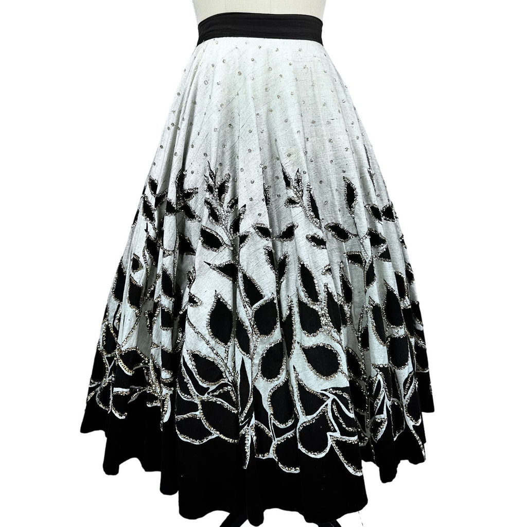 50s VTG Circle Skirt Gray/Black Leaves w/Silver Sequins Dance Rockabilly L/XL Unbranded