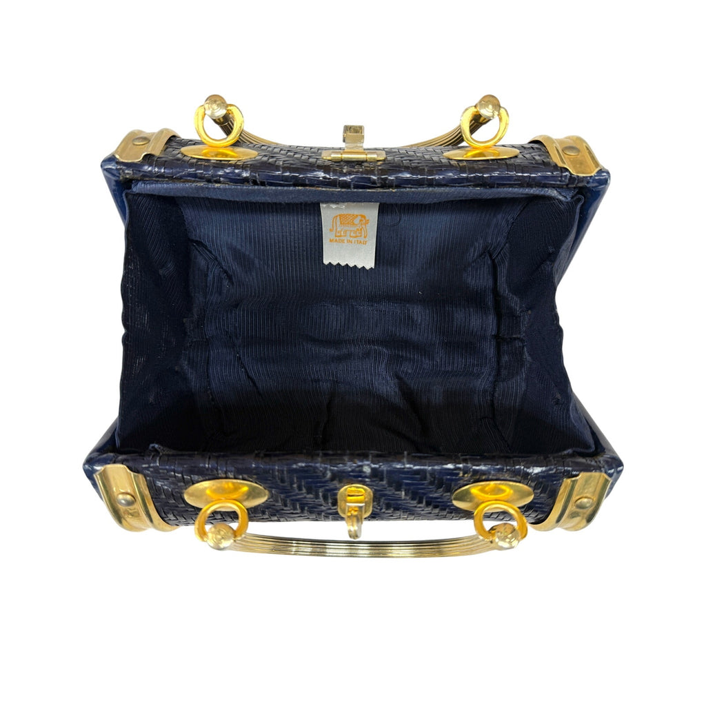 Adorable 1950s-60s Barrel Box Purse Blue Laminated Rattan Italian Handbag MADE IN ITALY