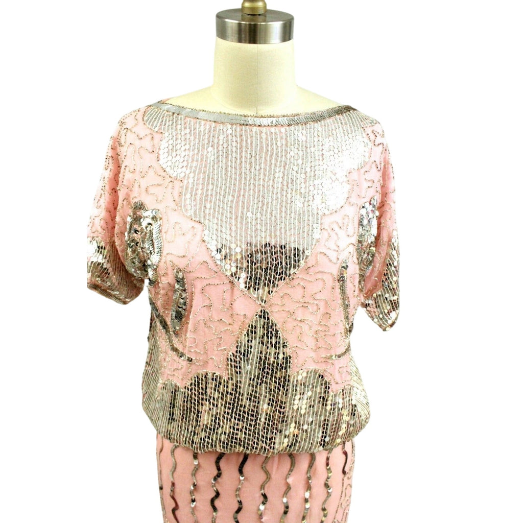 VTG 80s Glam: Pink Silk Beaded & Sequined 2PC Dress Set -Top & Skirt- Sz M Unbranded
