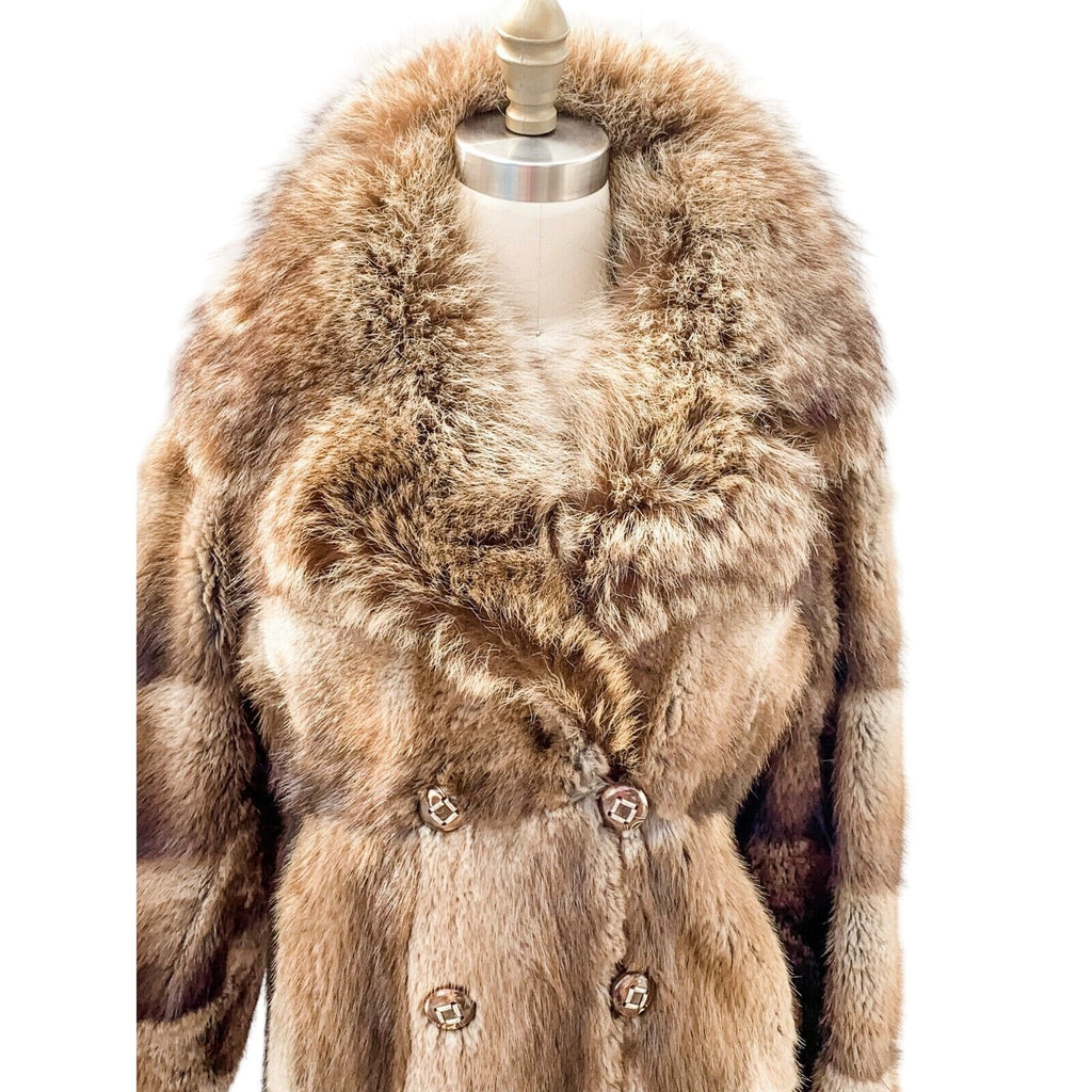 Retro Beaver Fur Patchwork Coat A Line SKirt Raccoon Collar Ultra VTG 70s S M Womens Unbranded