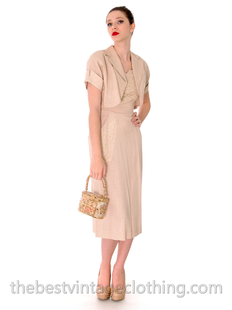 VTG 1950s Beige Rayon Day Dress & Jacket Lace Applique NWOT M 36-28-38 dress The Best Vintage Clothing