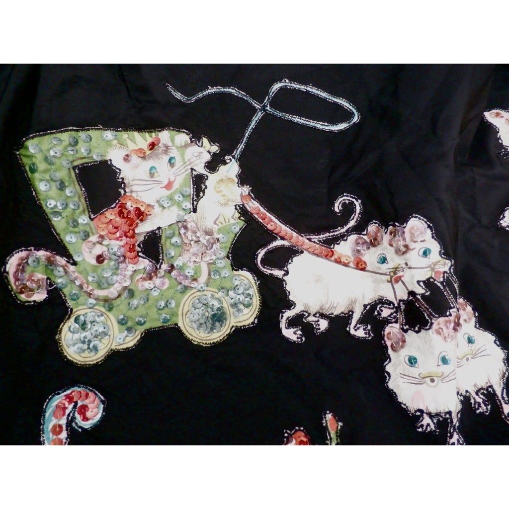 Retro VTG 50s Kitchen Apron Black Taffeta Kittens Cat Appliques Sequins Sue-Set Sue-Set