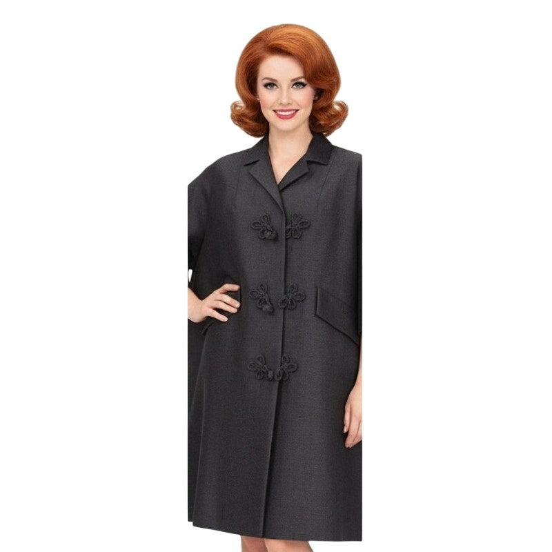 VTG 1950s Black Wool Sack Coat Asian Frog Closures Silk Blend MCM L/XL Coat Unbranded