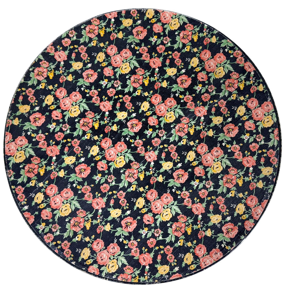 1940s-50s XL vintage wallpaper hat box Pink Flowers on Black 18" x 7" Wide Brim Unbranded