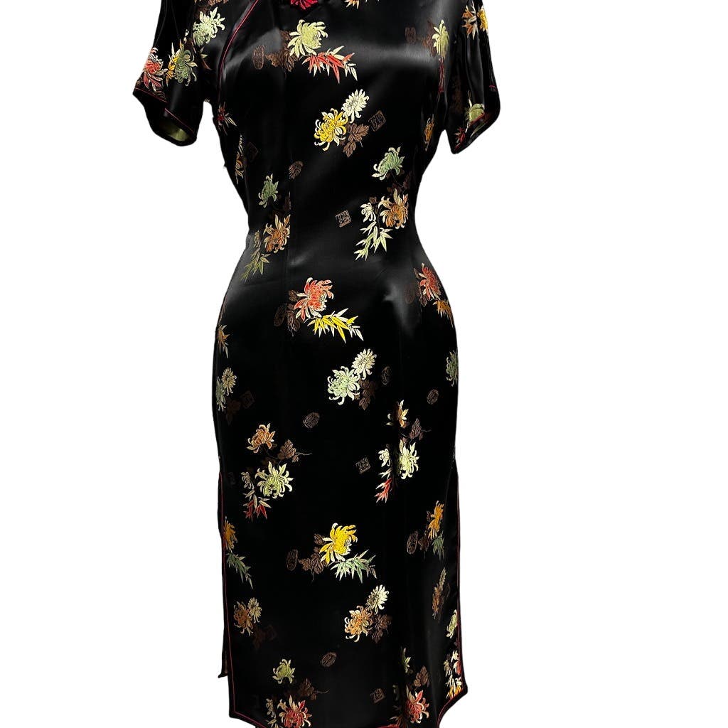 VTG Squirrel Black /Floral Satin Cheongsam Wiggle Dress Sz 40 Medium Red Mums Squirrel