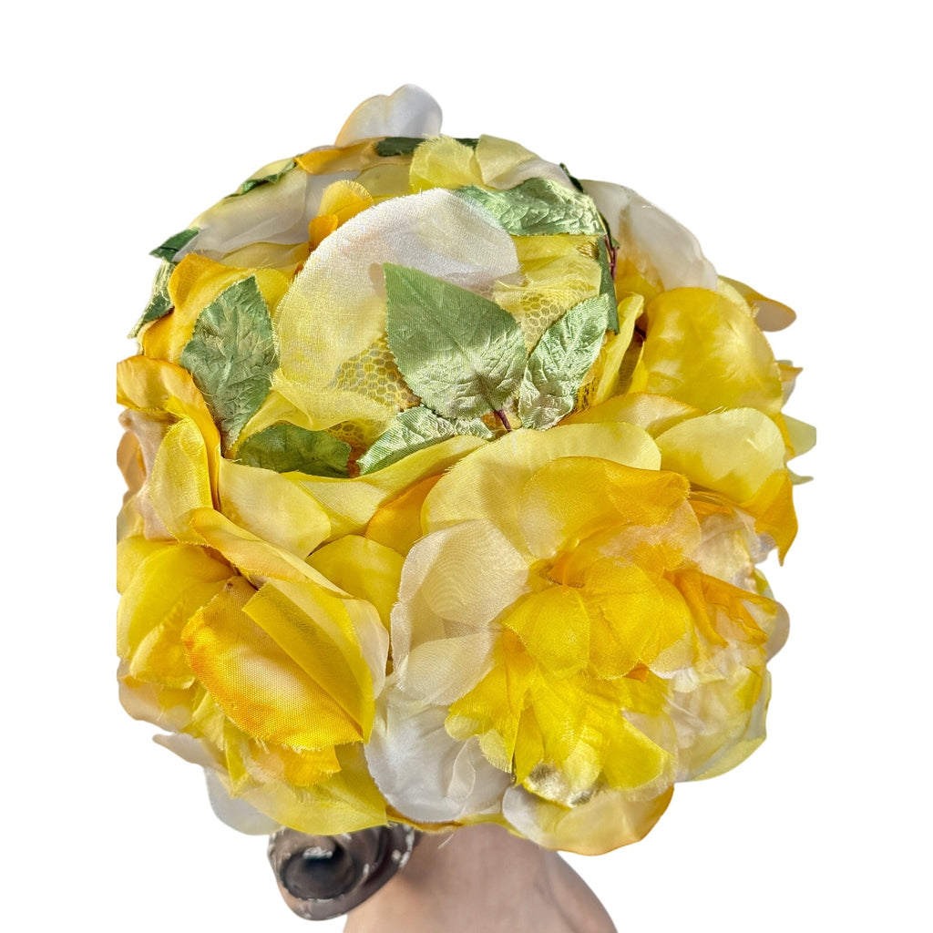 1950s VTG Bucket Hat Floral Fantasy Huge Yellow Silk Flowers Garden Party O/S Unbranded