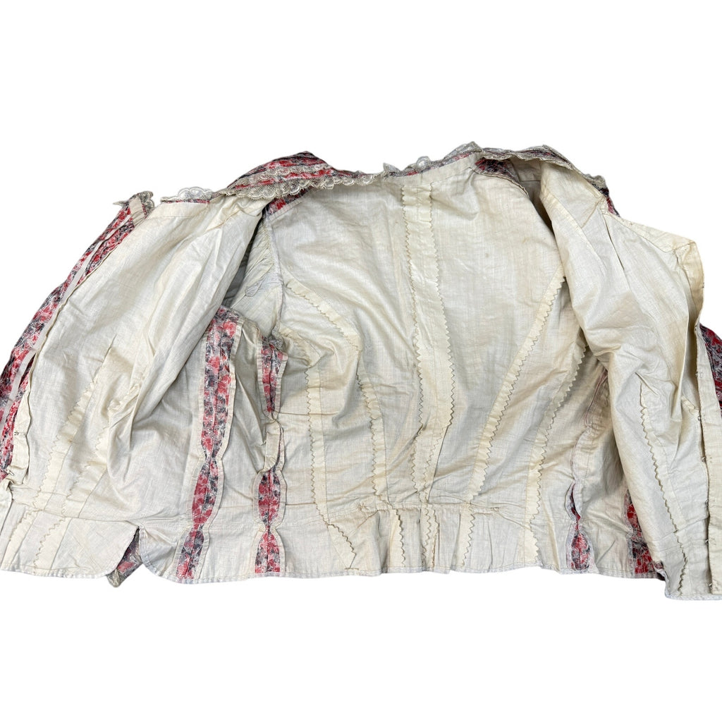 Antique Victorian Bustle Skirt & Bodice Grey Coral Silk Floral RARE Size LARGE Handmade