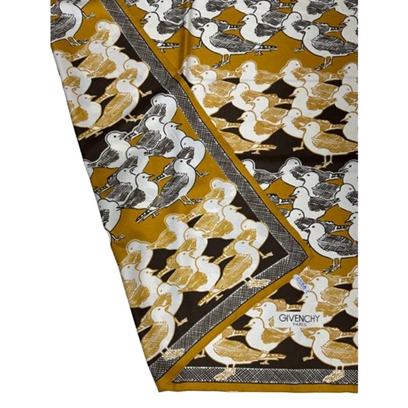 VTG Givenchy Mob Wife Silk Scarf France Brown Gold Bird Gull Design 30" Square Givenchy