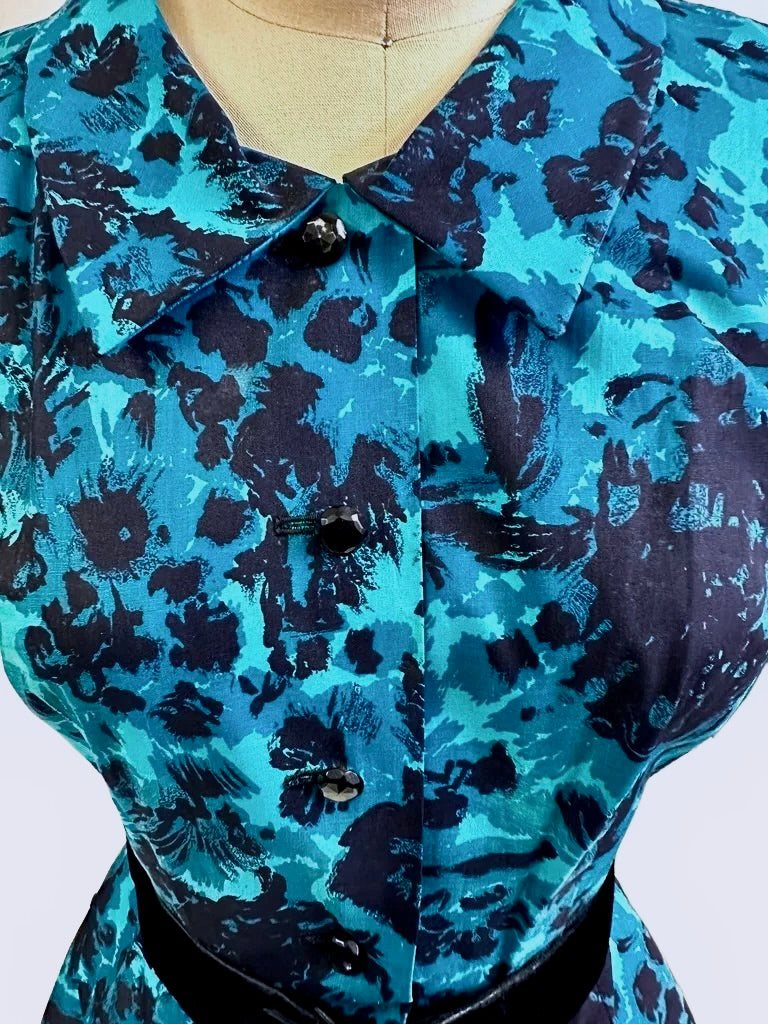 Vintage MCM Cocktail Dress Black & Turquoise Brocade Beaded 1950S Peer 36-26-Free S Cart2cart Peer