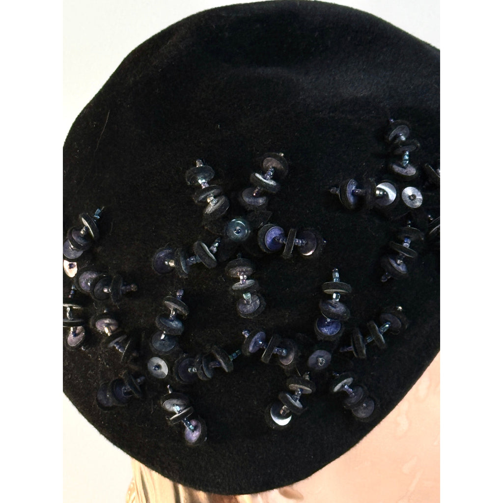 Hattie Carnegie 1950s Womens VTG hat Navy Blue Eclaire Wool Sequin Bead Baubles Hattie Carnegie