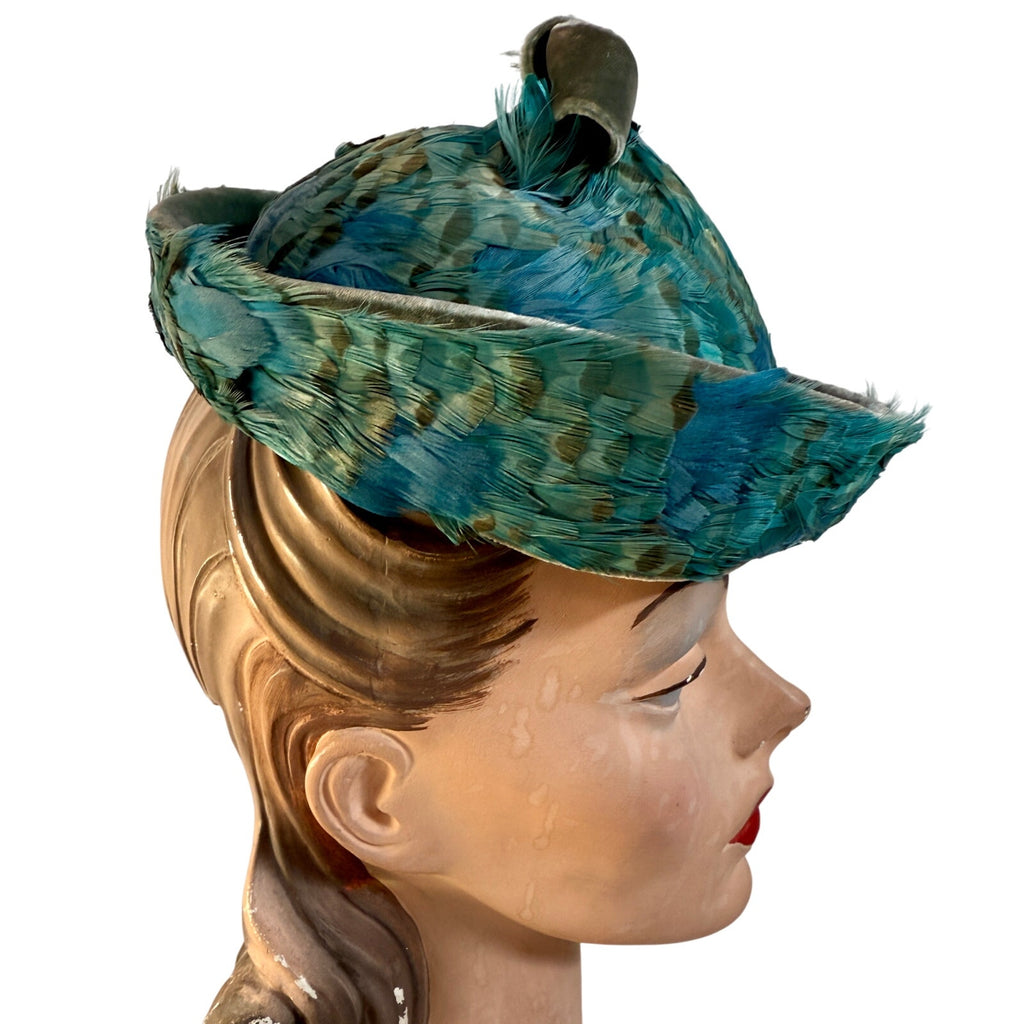Jack McConnell c.1950s Vintage Hat Turquoise Pheasant Feathers Stupid Cute O/S Jack McConnell