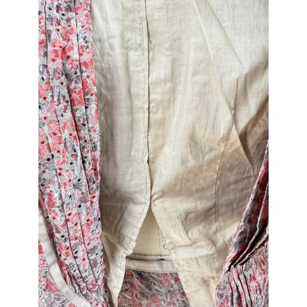 Antique Victorian Bustle Skirt & Bodice Grey Coral Silk Floral RARE Size LARGE Handmade