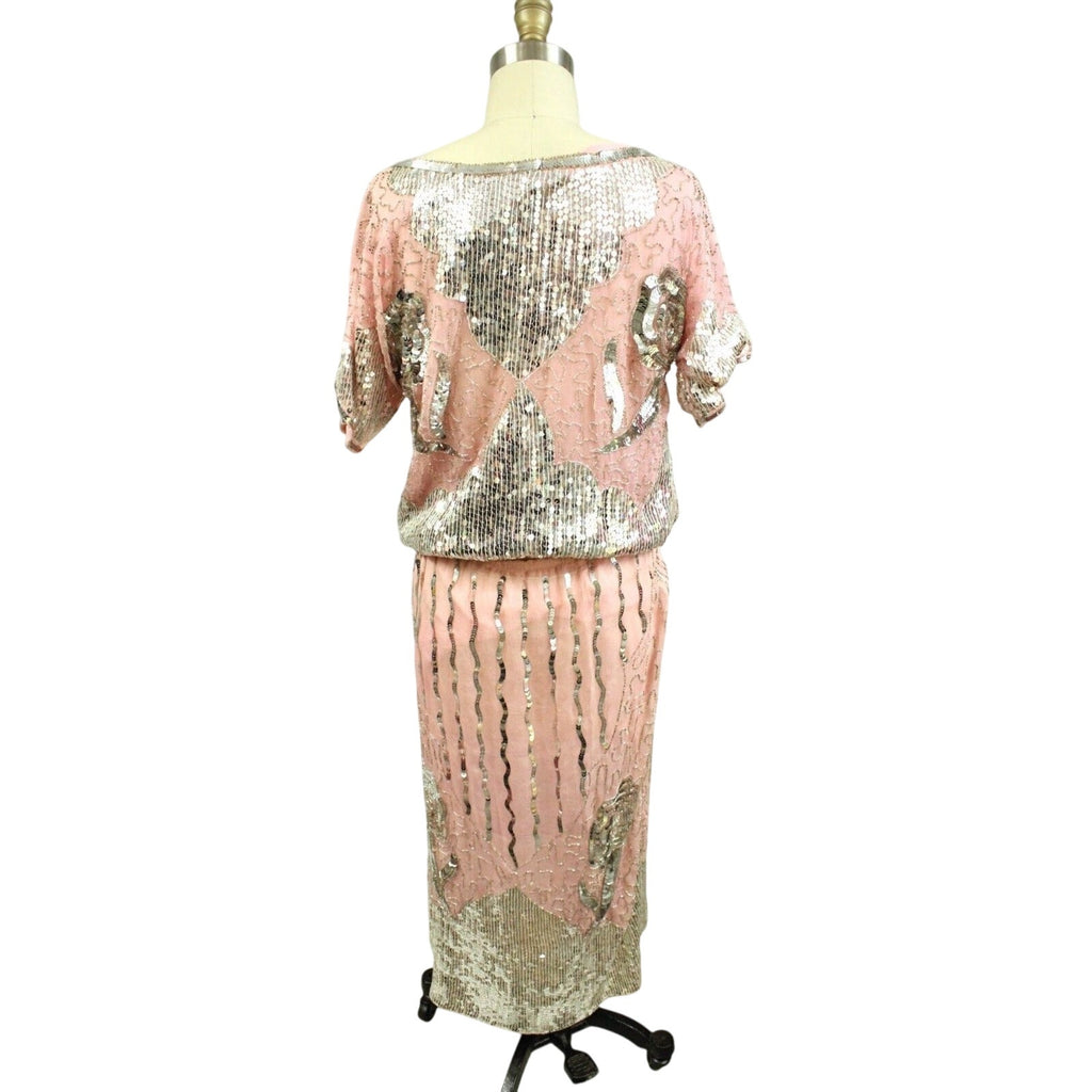 VTG 80s Glam: Pink Silk Beaded & Sequined 2PC Dress Set -Top & Skirt- Sz M Unbranded