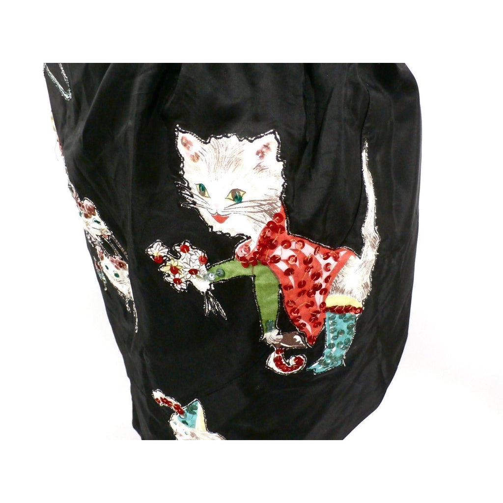 Retro VTG 50s Kitchen Apron Black Taffeta Kittens Cat Appliques Sequins Sue-Set Sue-Set