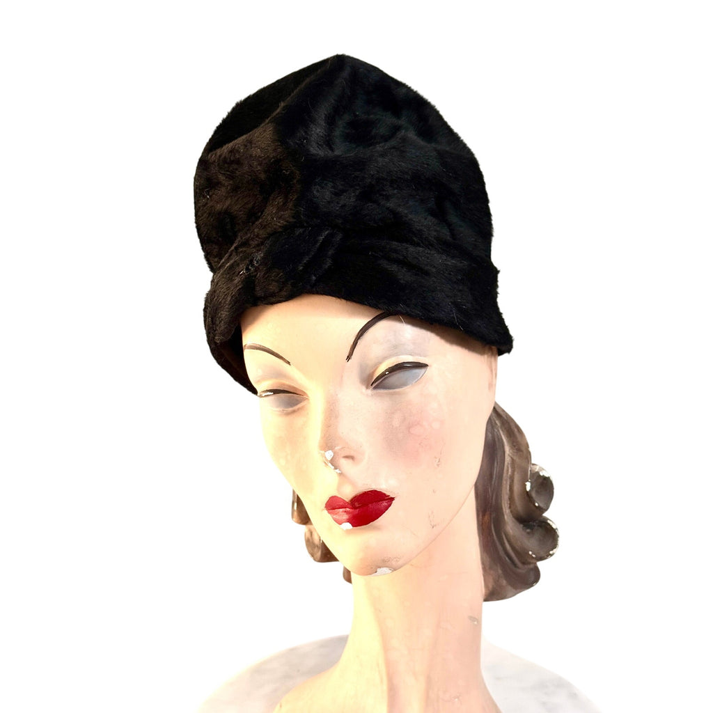 1940s Womens Tall Architectural Fur Felt Hat Black Turban Style Med. Bonwit Teller Bonwit Teller