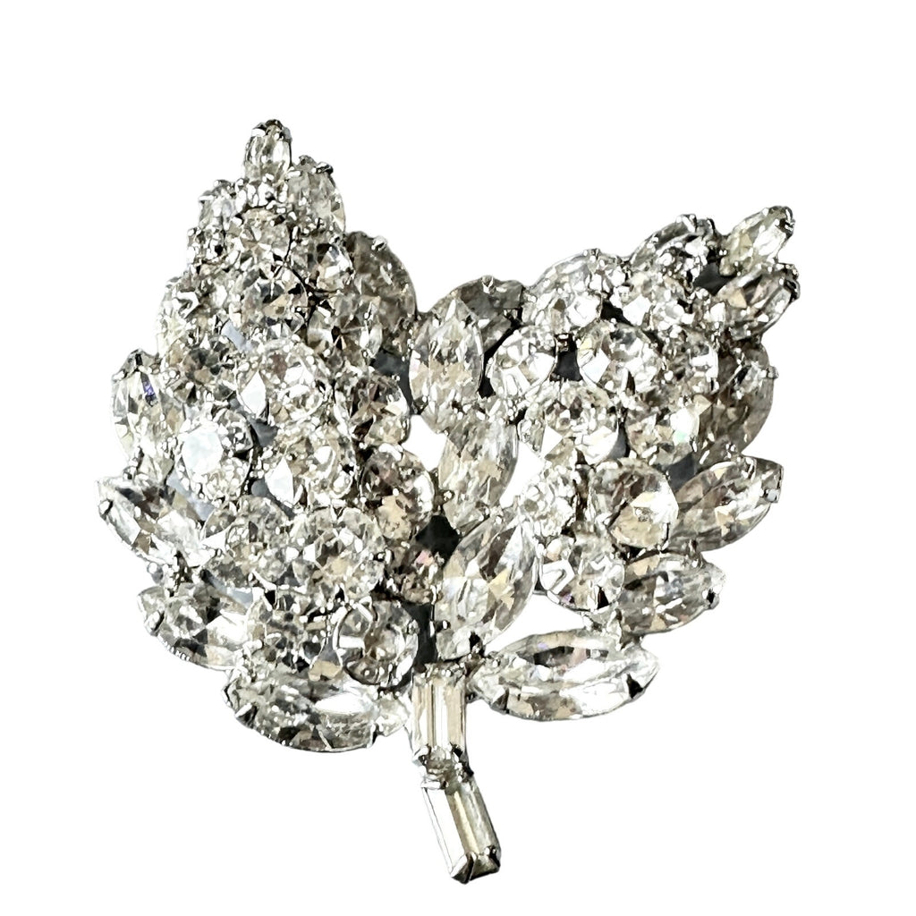 Retro vtg Weiss 1960's Signed Large 3D Clear Rhinestone Pin Brooch Double Leaf Weiss