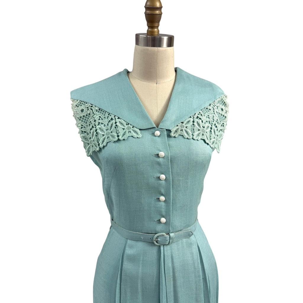 1940s 1950s VTG Bob Low Sz S 6 Aqua Blue Sleeveless Linen Day Dress Lace Collar Bob Low