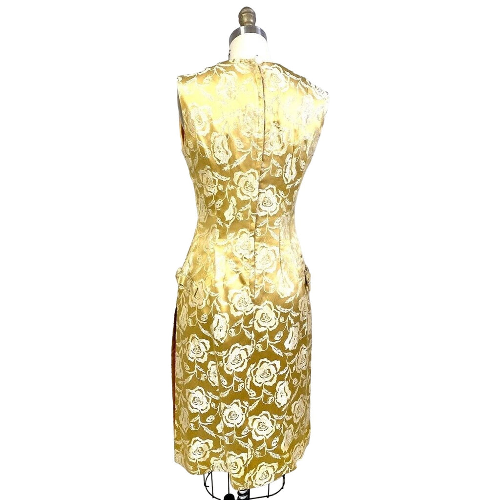 Vtg Chinese Cheongsam Slim Cocktail Dress Gold Damask 36" Bust Womens S/M Unbranded