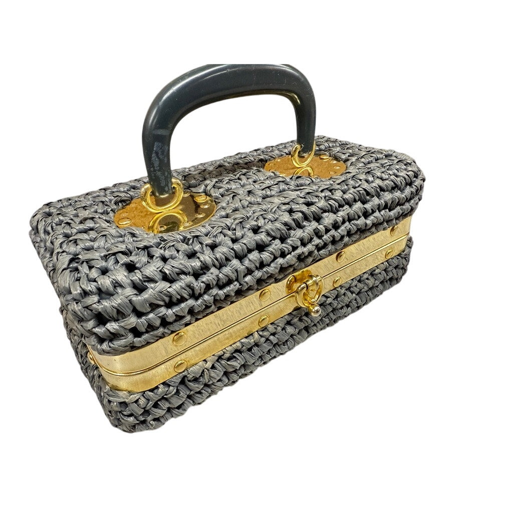 VTG 1960s Raffia Box Purse Gray Gold Meadallion Hardware Hard Sided Mini Unbranded