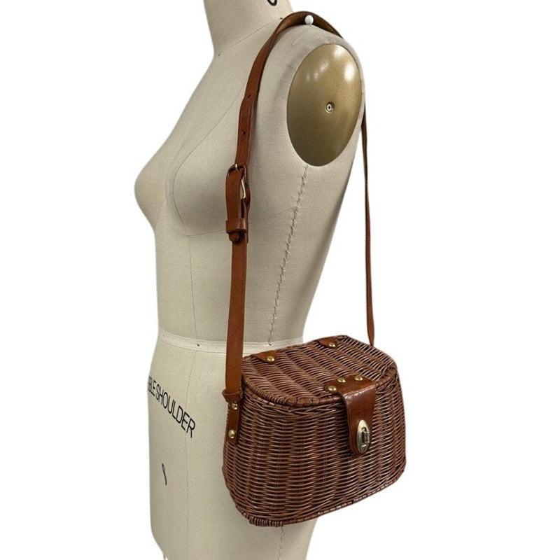 Vintage 1960s Coated Wicker Fishing Creel Basket Shoulder Bag Purse Unbranded