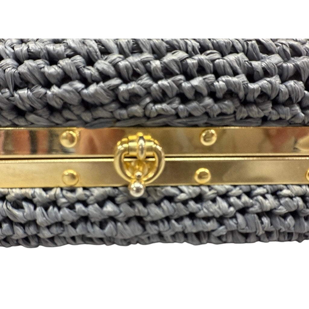 VTG 1960s Raffia Box Purse Gray Gold Meadallion Hardware Hard Sided Mini Unbranded