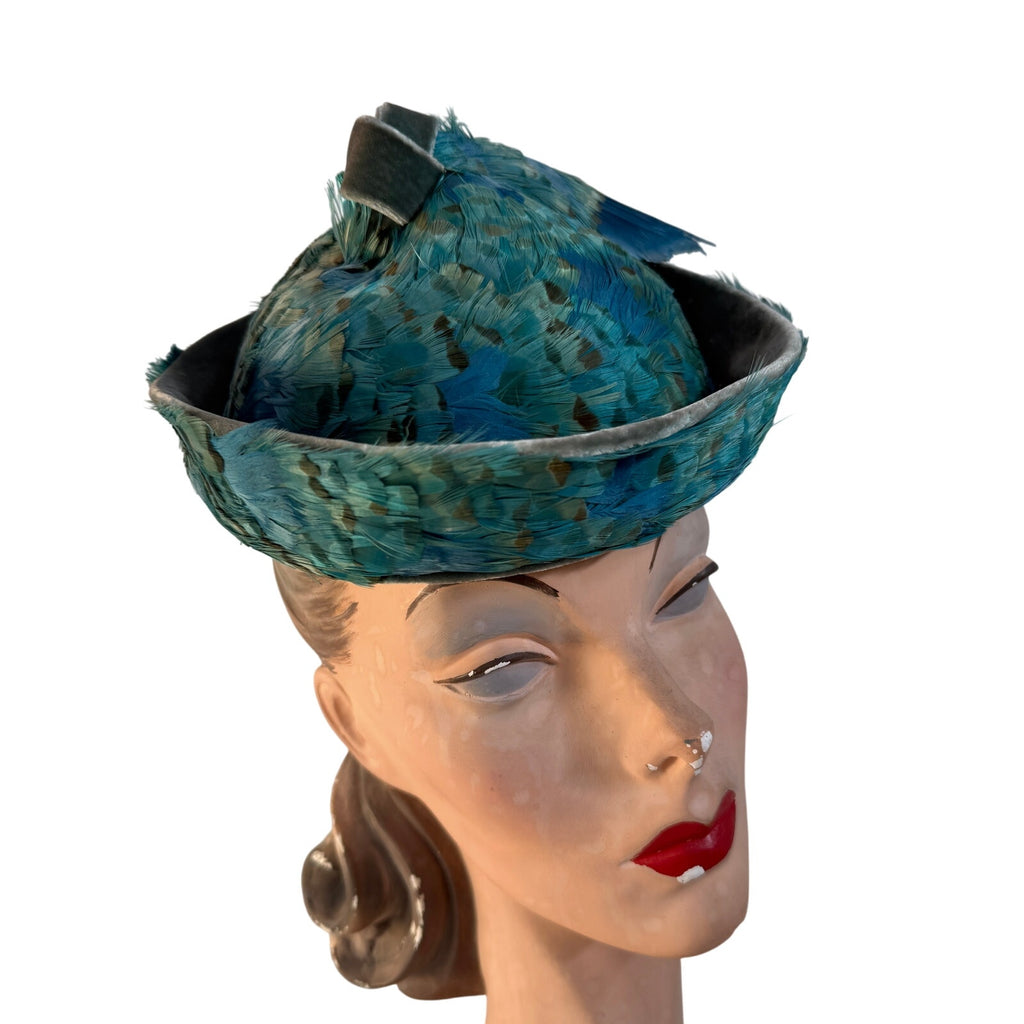 Jack McConnell c.1950s Vintage Hat Turquoise Pheasant Feathers Stupid Cute O/S Jack McConnell