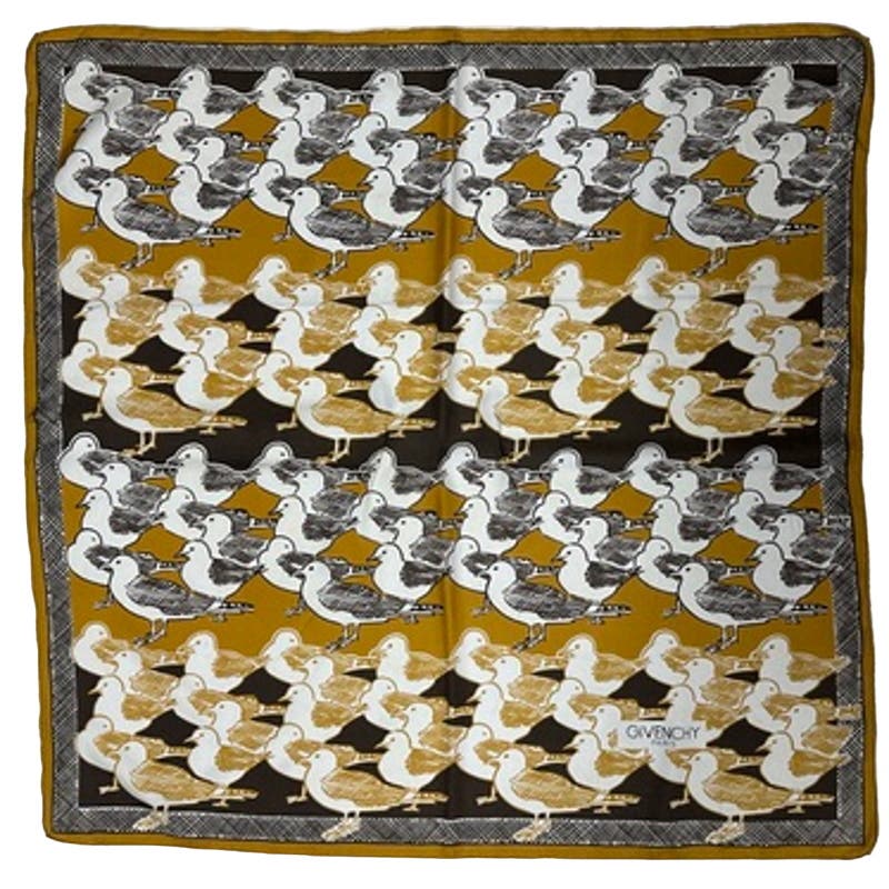VTG Givenchy Mob Wife Silk Scarf France Brown Gold Bird Gull Design 30" Square Givenchy