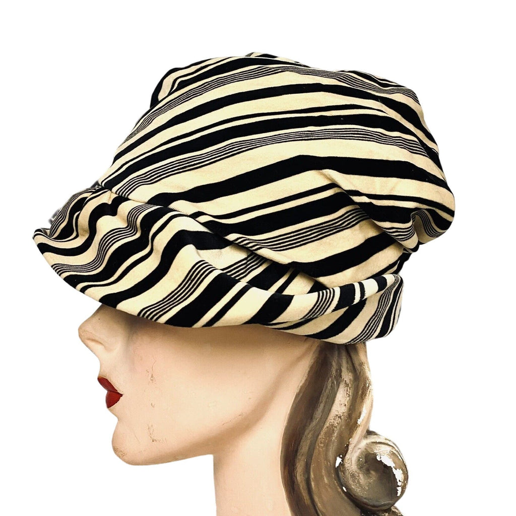 Mob wife Vtg CHRISTIAN DIOR Velvet Bucket Hat Striped Blk/Yell 1960s Small Head Christian Dior