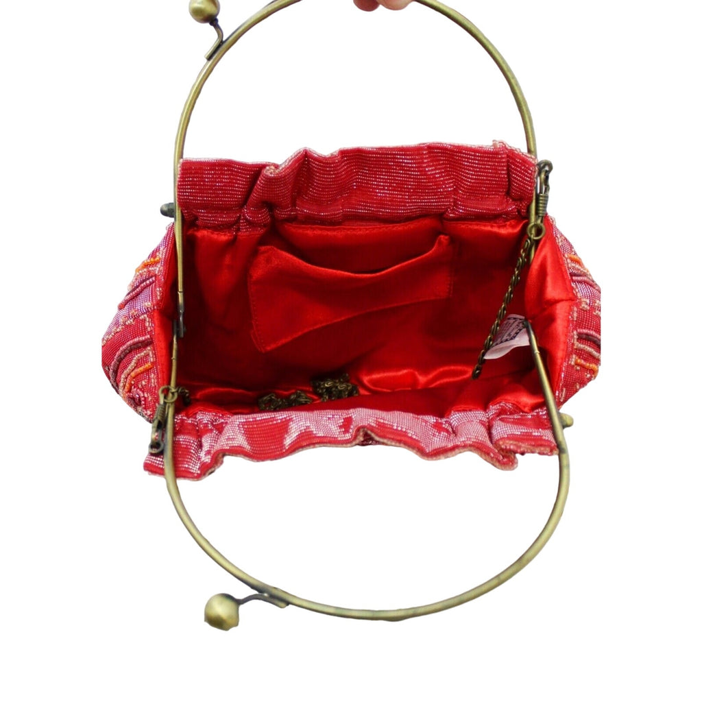 April Cornell Purse Beaded Red Retro Round Brass Metal Clasp Chain Strap 80s April Cornell