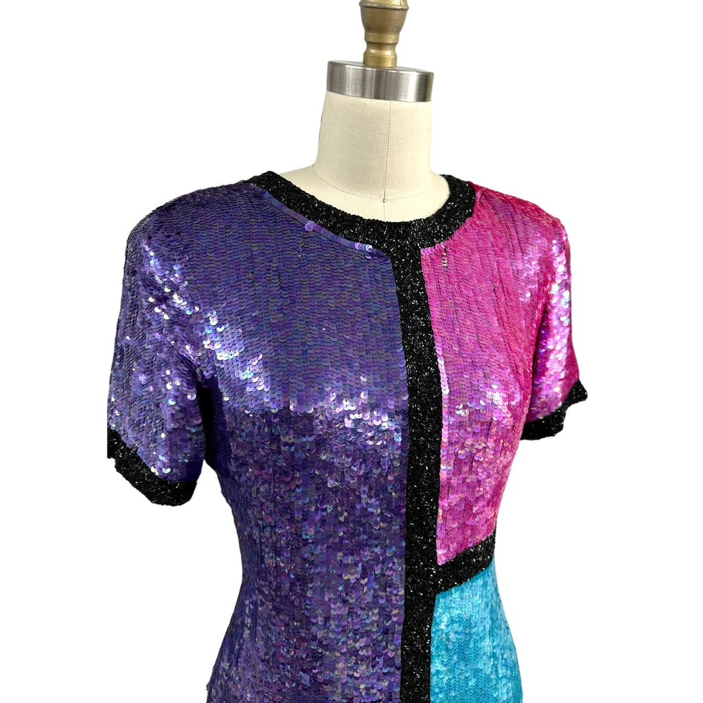Stunning Neiman Marcus Bright Colorblock Sequin Dress Power Shoulders 1980s Sz S Neiman Marcus