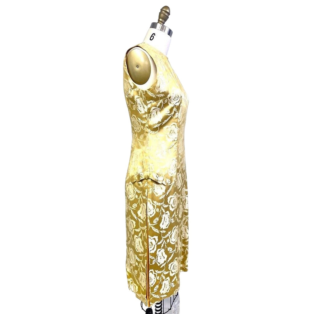 Vtg Chinese Cheongsam Slim Cocktail Dress Gold Damask 36" Bust Womens S/M Unbranded